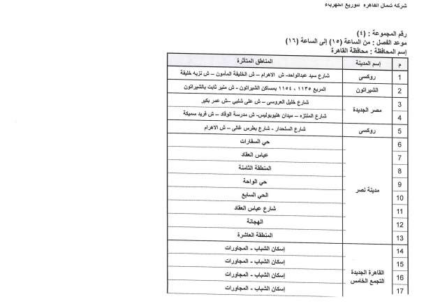 خاص| أعرف منطقتك.. بالجداول تعديل مواعيد انقطاع الكهرباء وتخفيف ألاحمال في 66 منطقة (عاجل)