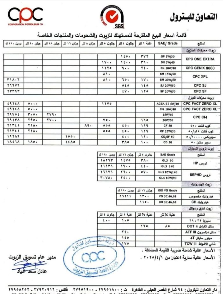 رسمياً.. ننشر أسعار زيوت التعاون للسيارات بعد إقرار الزيادة الجديدة 2025