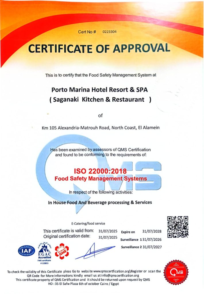 فندق بورتو مارينا يحصد شهادتي ISO 22000 وISO 140001… تأكيد عالمي على تميّزه في السلامة الغذائية وحماية البيئة