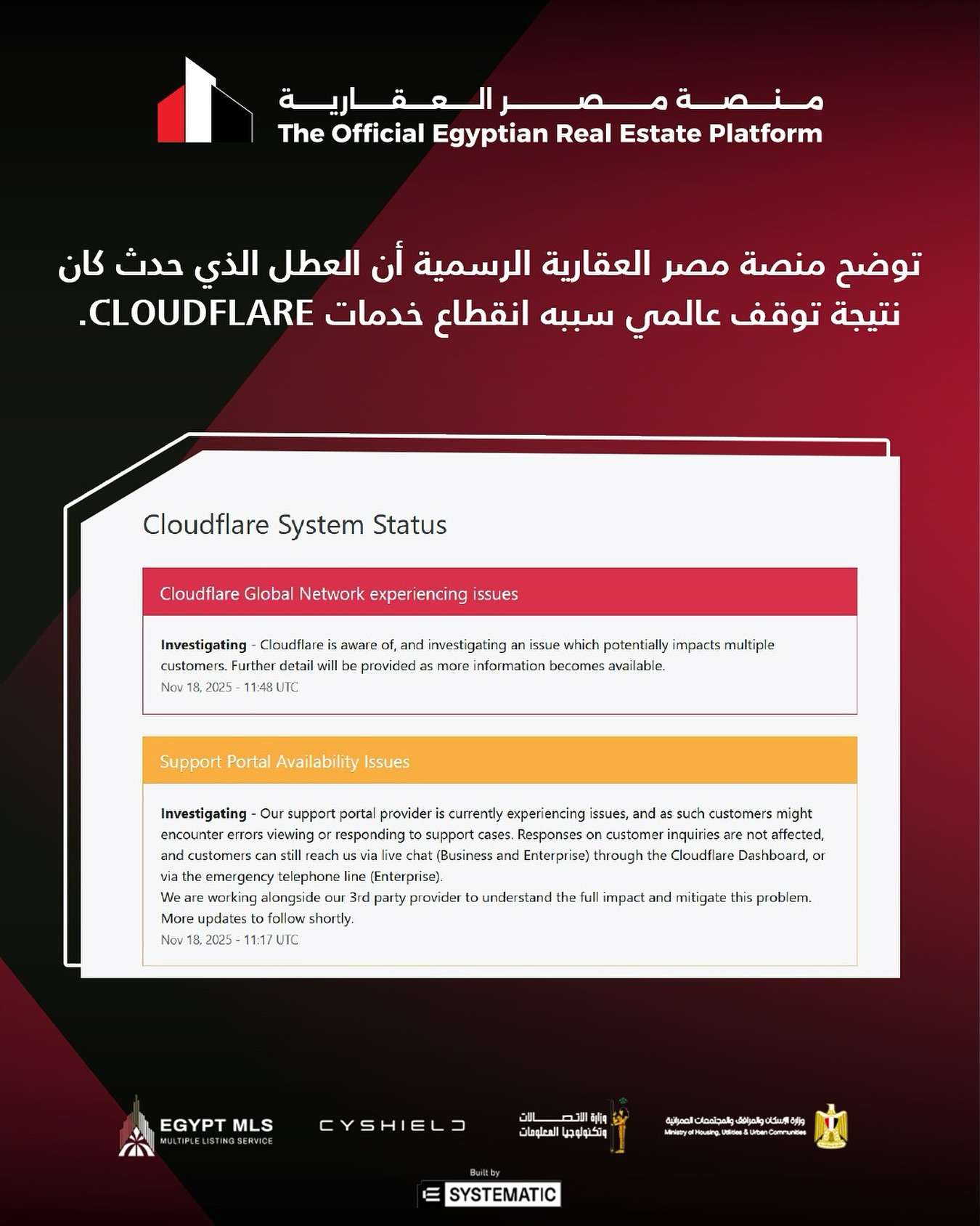 انقطاع الخدمة عن منصة مصر العقارية.. خدمات Cloudflare السبب