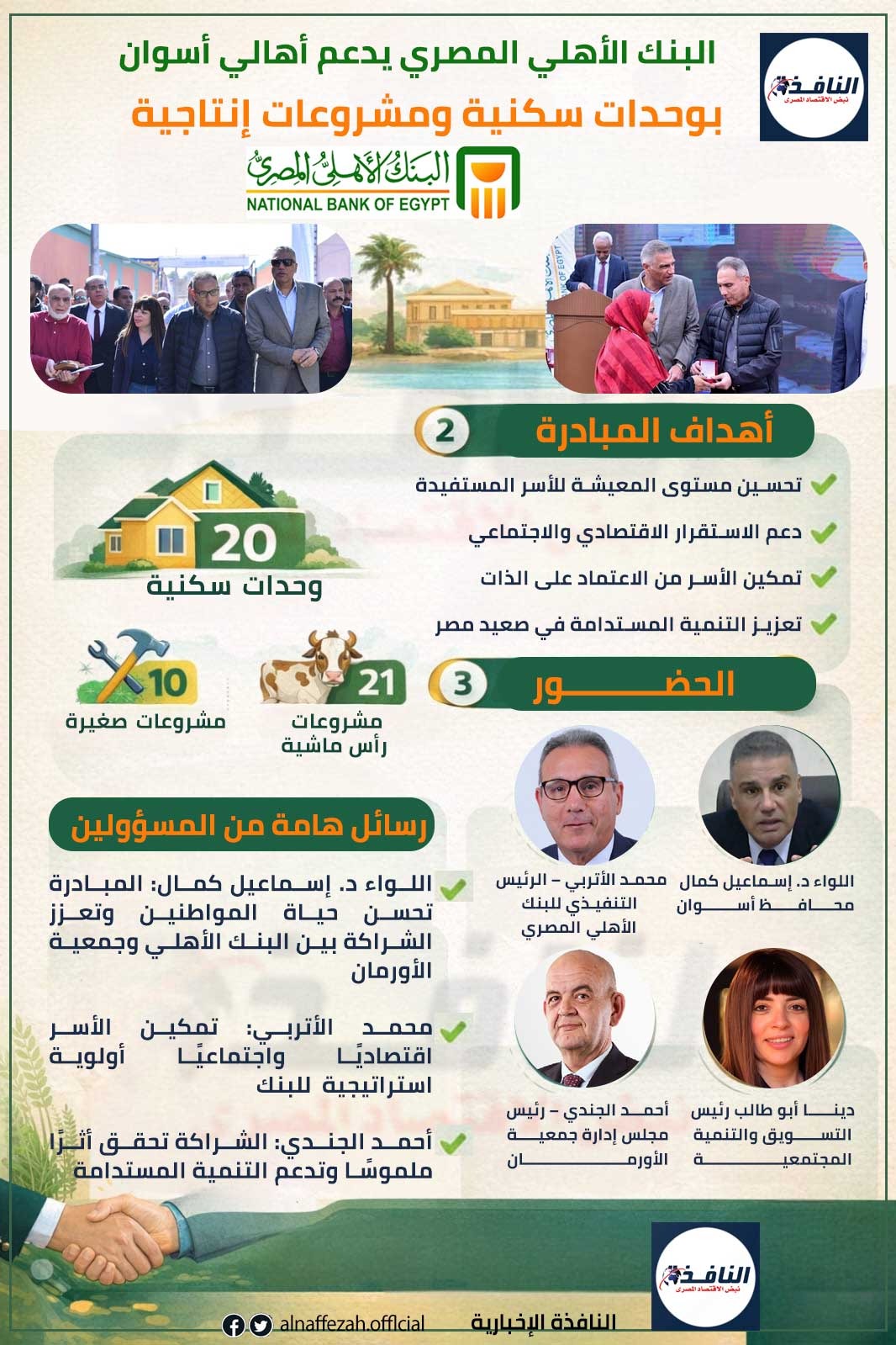 انفوجراف| البنك الأهلي المصري يدعم أهالي أسوان بوحدات سكنية ومشروعات إنتاجية